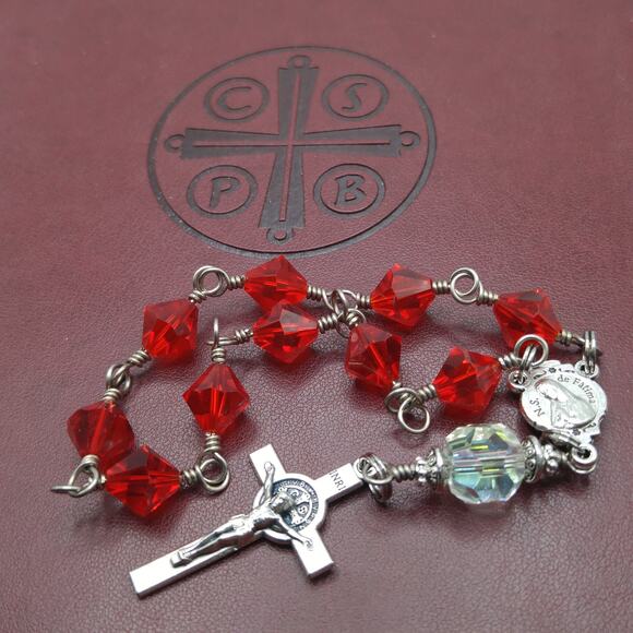 Divine Mercy & Lady Fatima Red One Decade Rosary, Swarovski Crystals - Picture 10 of 10